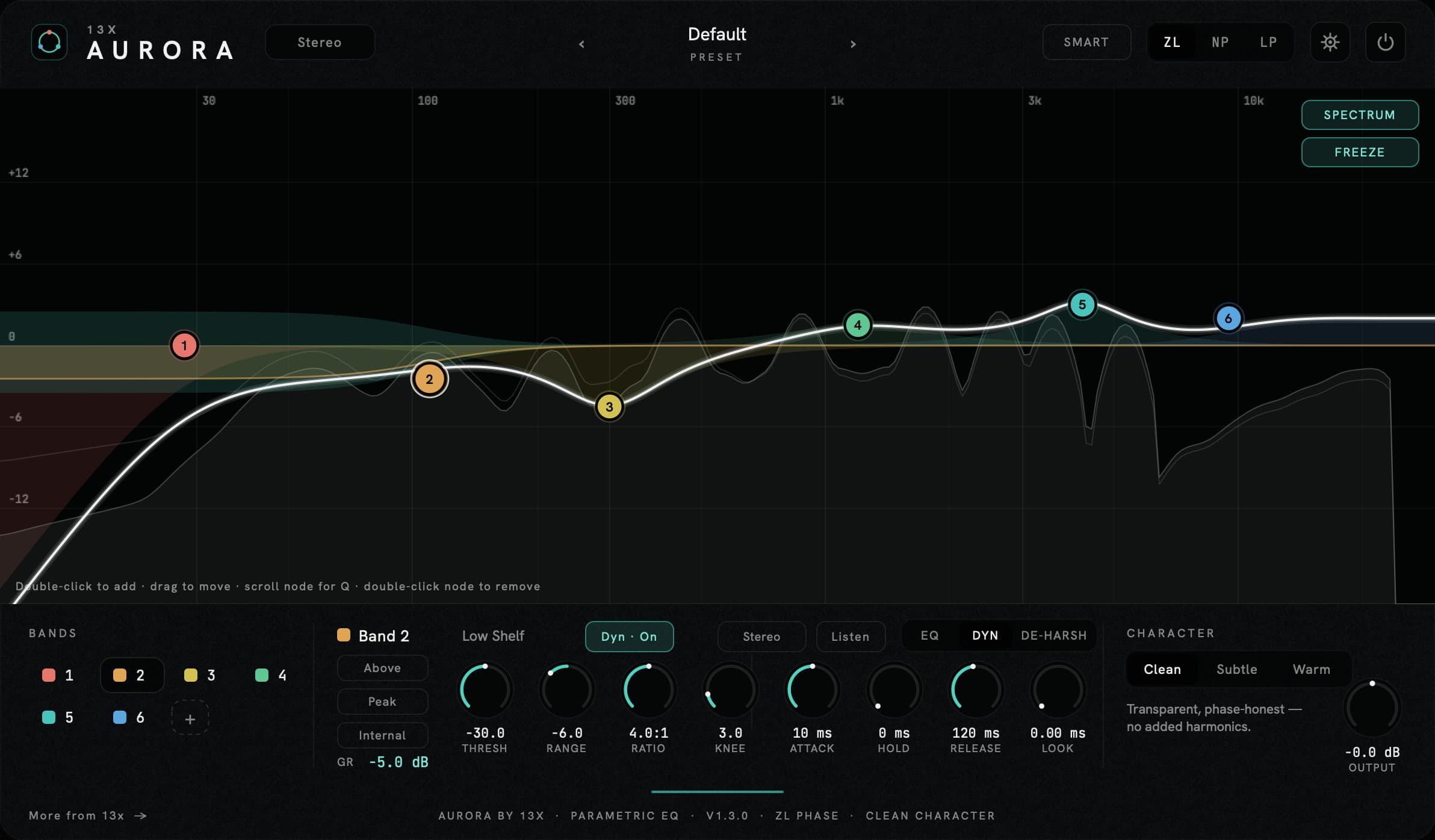 A dynamic band in AURORA with its sidechain detector open — threshold, ratio, knee and range, with the band's live gain reduction drawn on the curve
