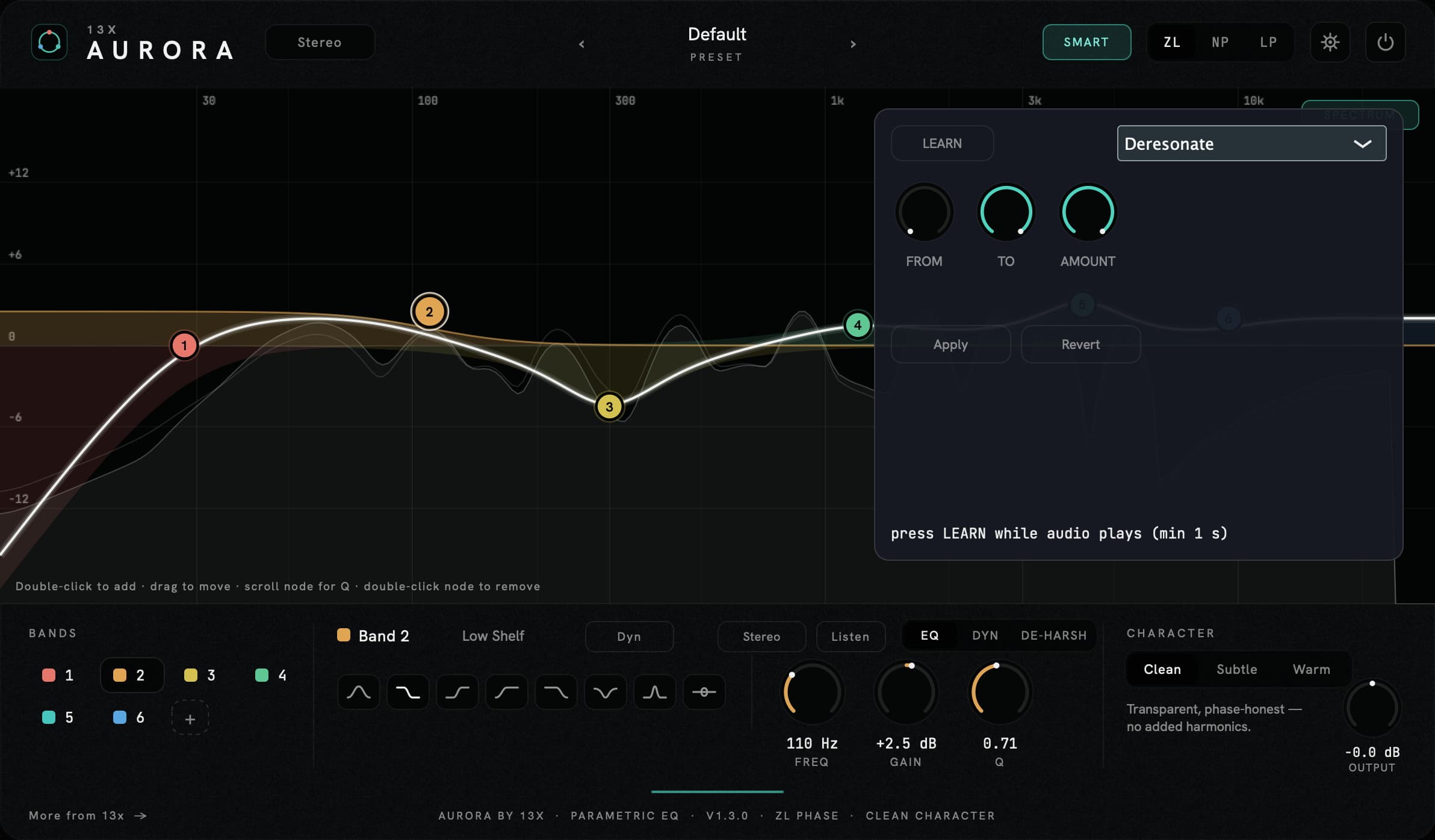 AURORA's Smart Ops panel — match, de-resonate, de-ess and unmask, each a single action that writes editable bands onto the curve
