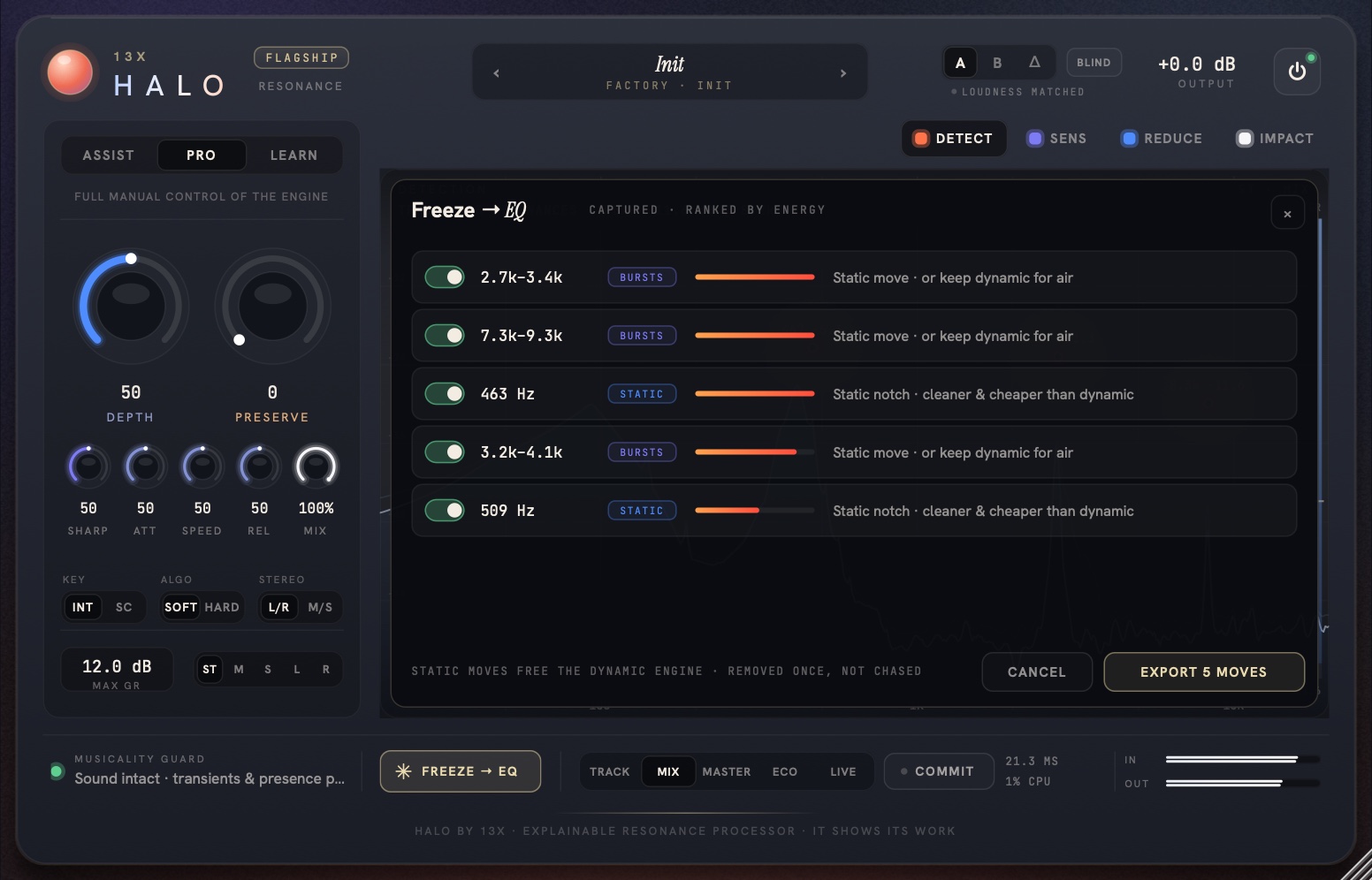 The Freeze → EQ drawer — captured resonances ranked by energy, each with a toggle, type chip and suggestion, plus export