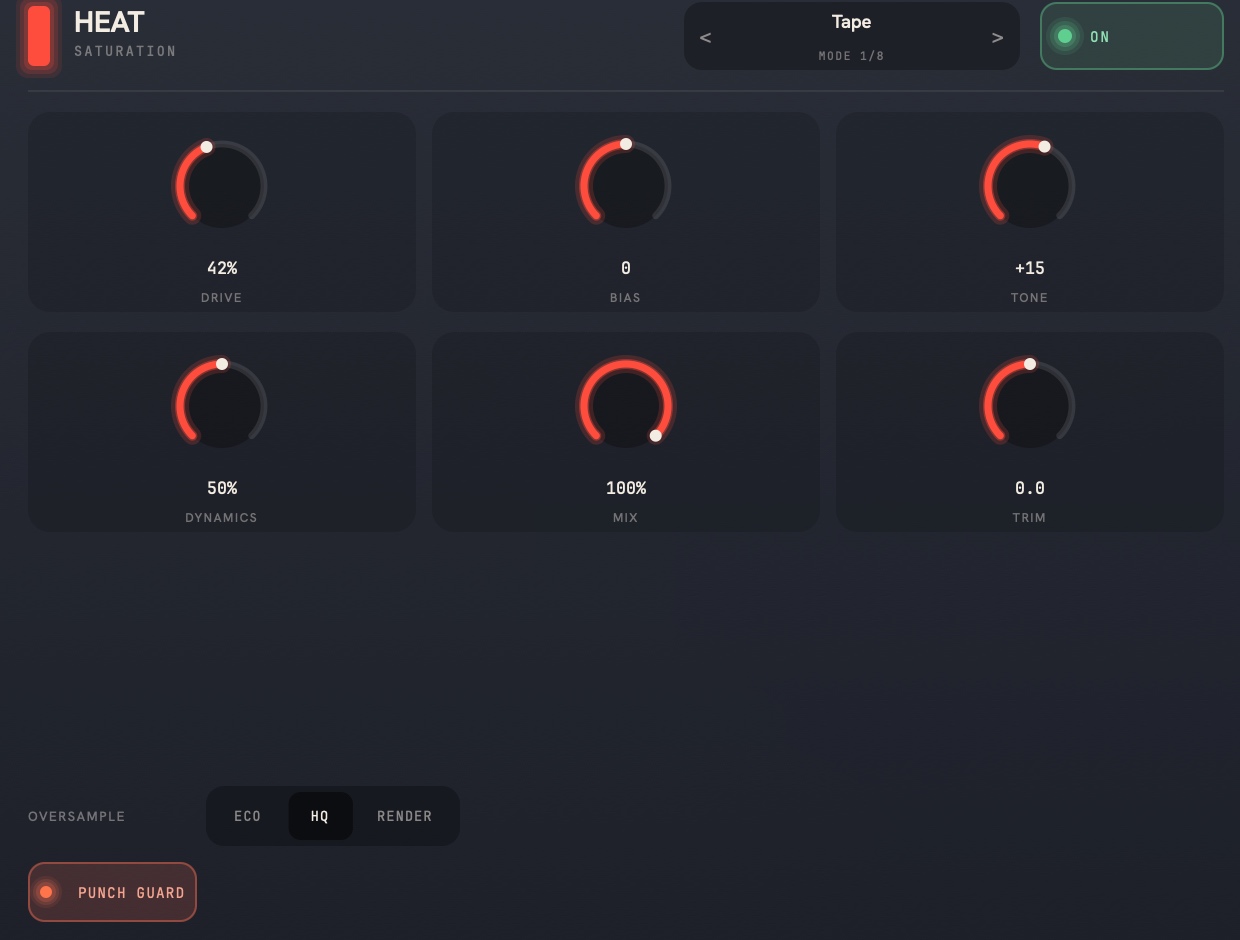 The HEAT panel — drive, bias, tone, dynamics, mix and trim