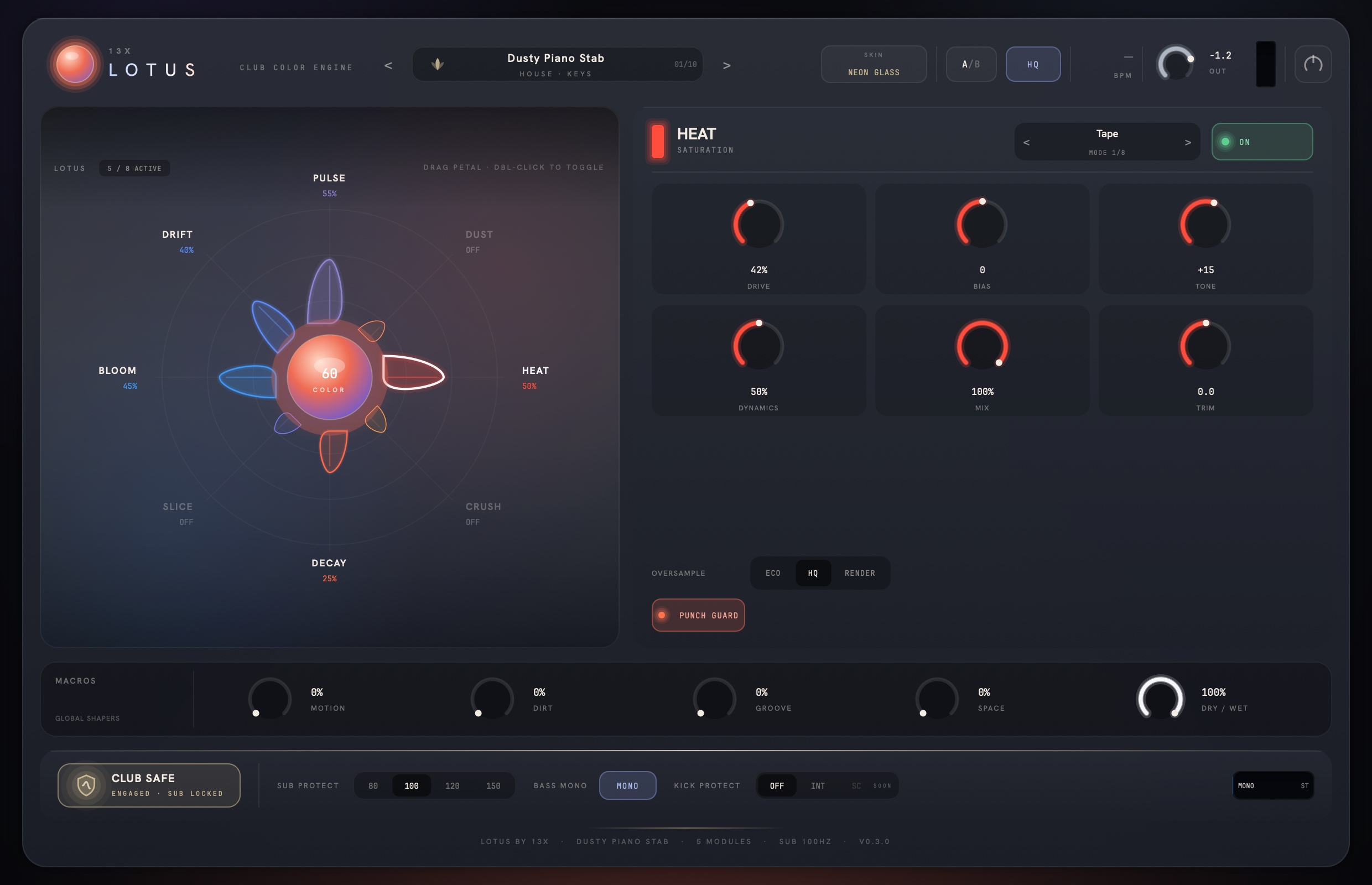 13x Lotus — the neon-glass interface with the eight-petal lotus bloom, the HEAT saturation module and the Club Safe bar